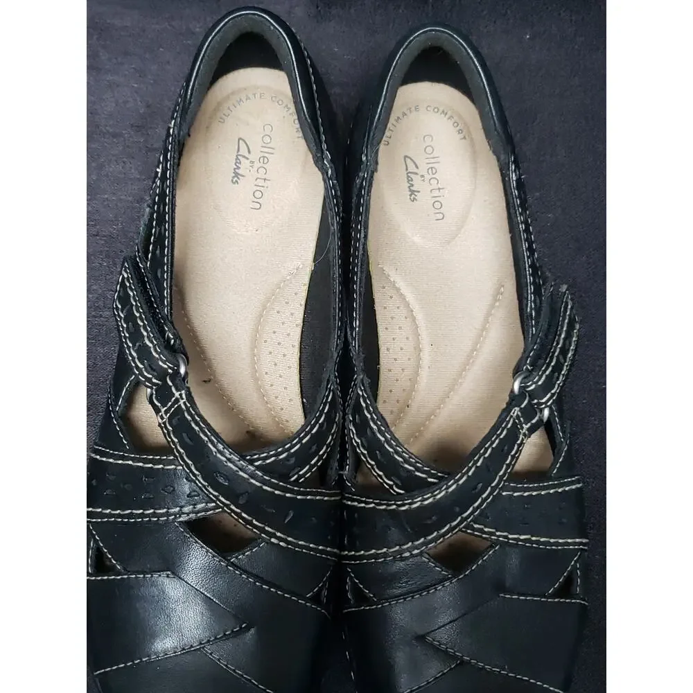 Clarks Ultimate Comfort Black Leather Mary Jane Loafers Adjustable Strap Shoes